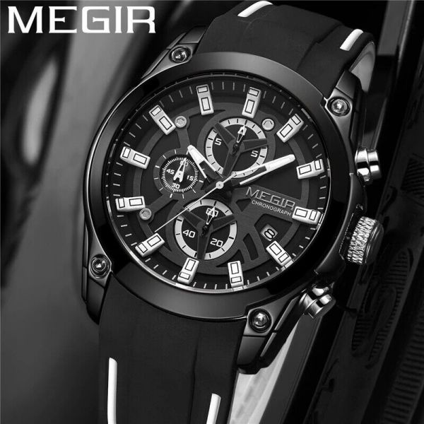 MEGIR Mens Chronograph Wrist Watches Business Silicone Strap